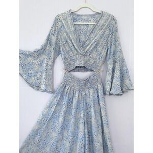 Boho 2 Piece Set Crop Top Bell Sleeve Wide Leg Palazzo Flare Pants S-M Paisley